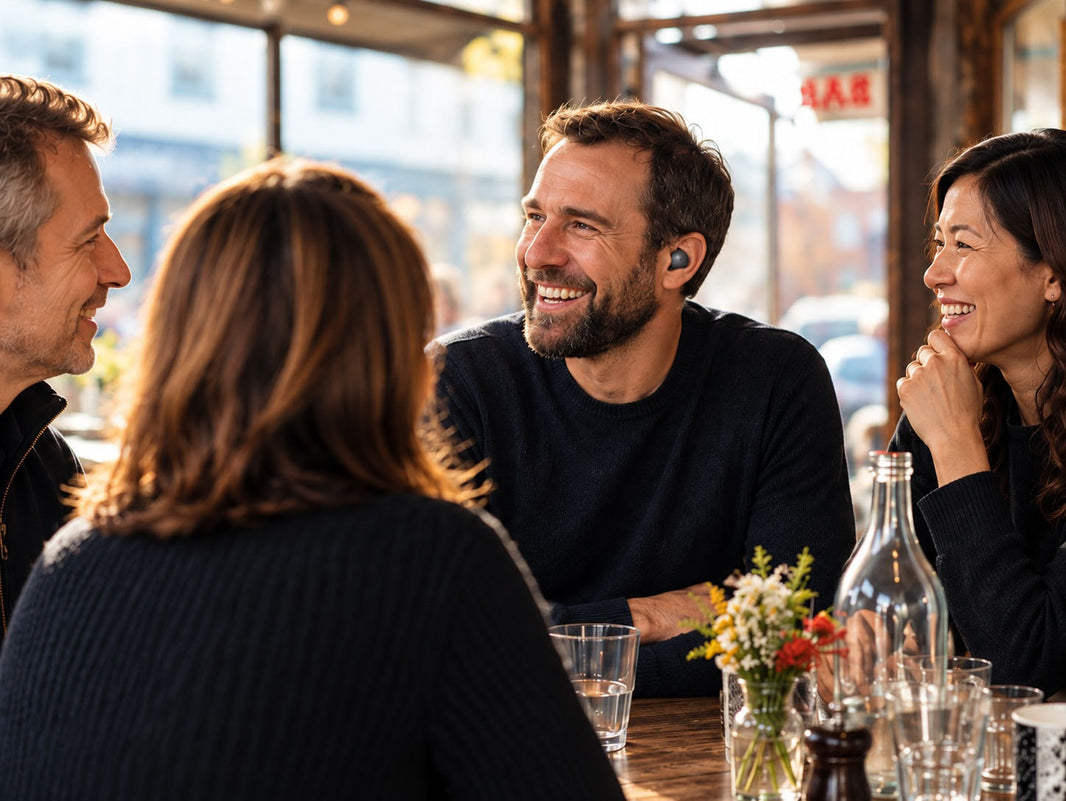 “Friends having a conversation in a busy café, with a man wearing LIZN Hearing Earbuds.”